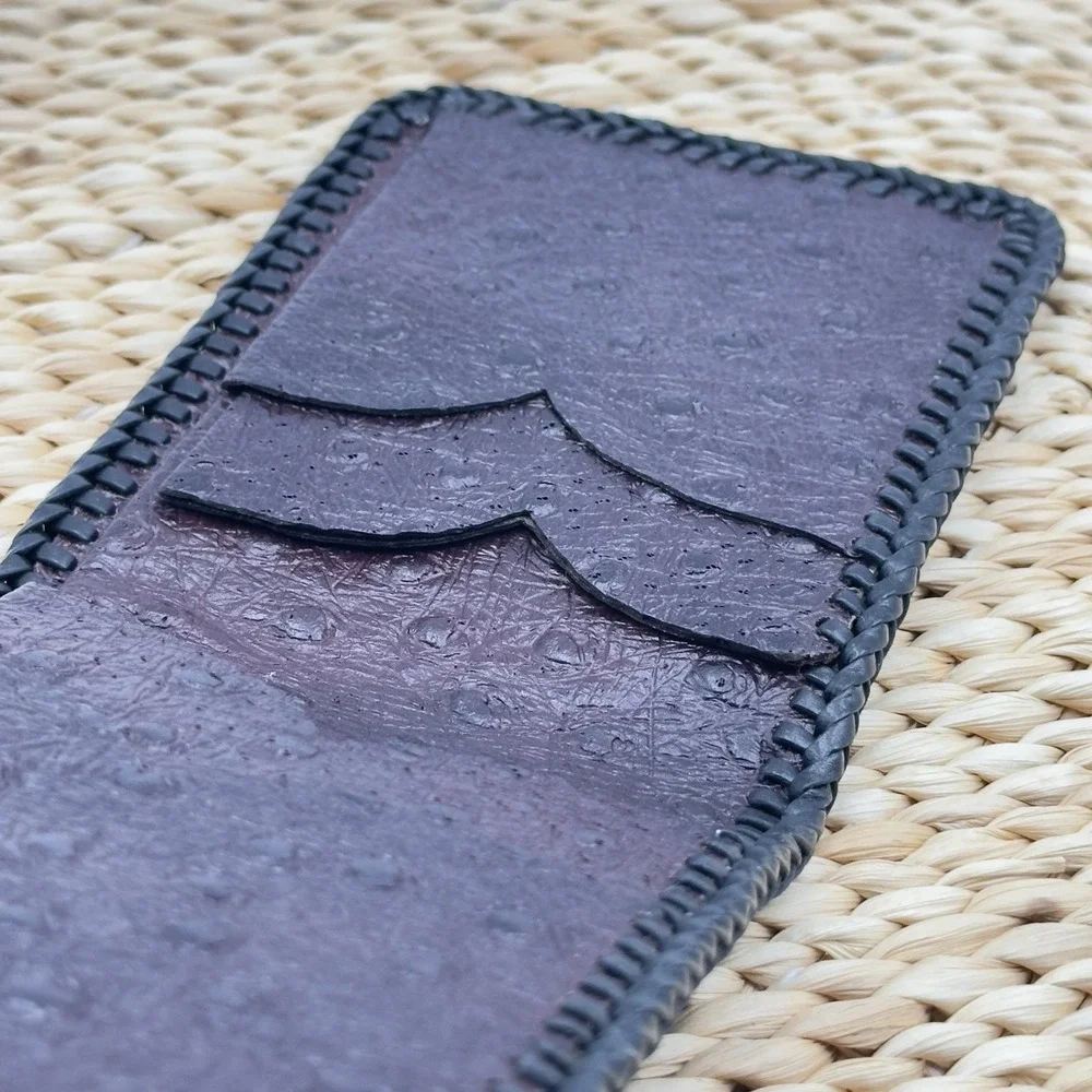 Genuine‎ Ostrich Skin Leather Bifold Men's Handmade Burgundy Black Trim